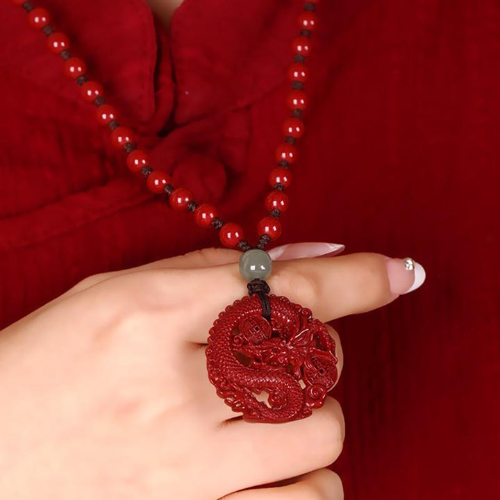 Buddha Stones Year Of The Dragon Natural Cinnabar Hetian Jade Bead Copper Coin Attract Wealth Strength Necklace Pendant