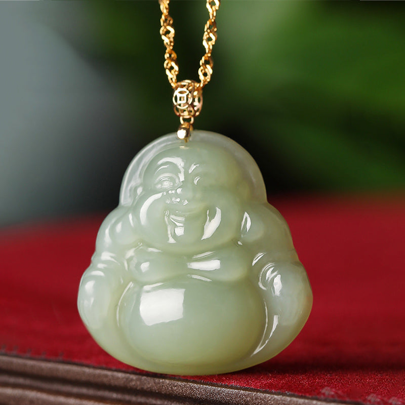 Buddha Stones 925 Sterling Silver Laughing Buddha Cyan Jade 18K Gold Success Necklace Pendant