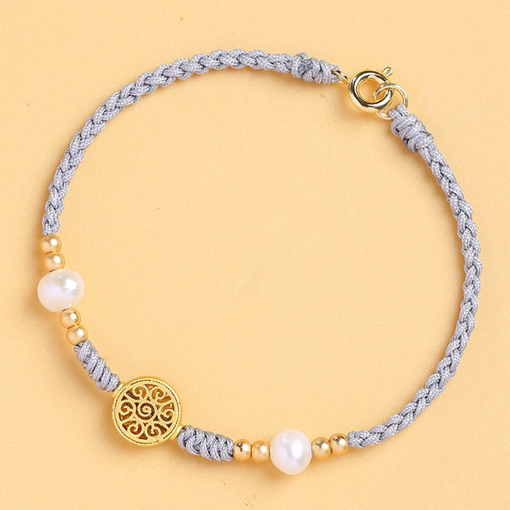 Buddha Stones Copper Coin Fortune Tree Pearl Luck Blue Rope Braided Bracelet