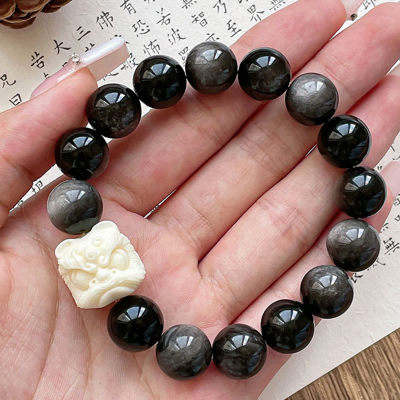 Buddha Stones Silver Sheen Obsidian Bodhi Seed Ivory Fruit Dancing Lion Protection Bracelet