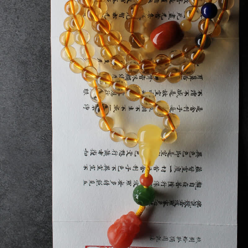 108 Mala Beads Natural Citrine Amber Peace Buckle Red Agate PiXiu Protection Charm Bracelet