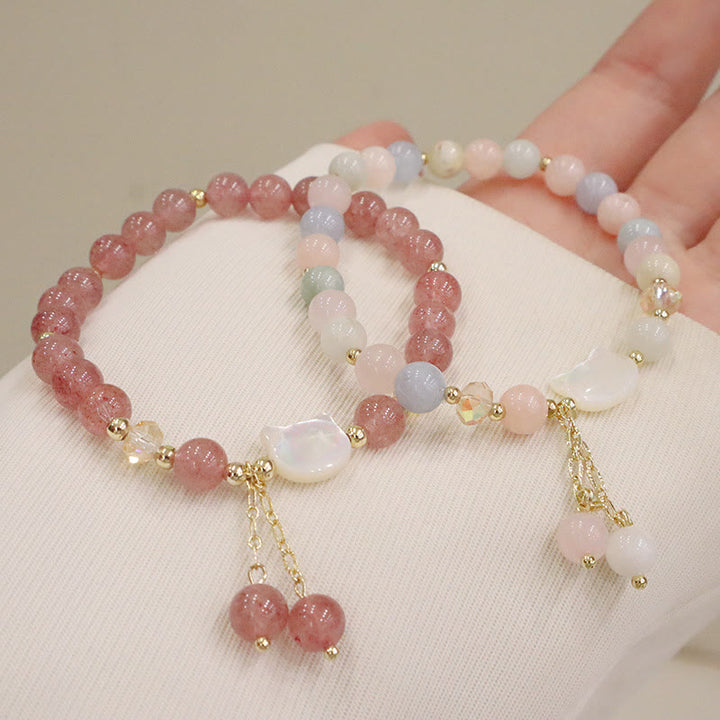 Buddha Stones Natural Strawberry Quartz Morganite Tridacna Stone Cat Love Bracelet