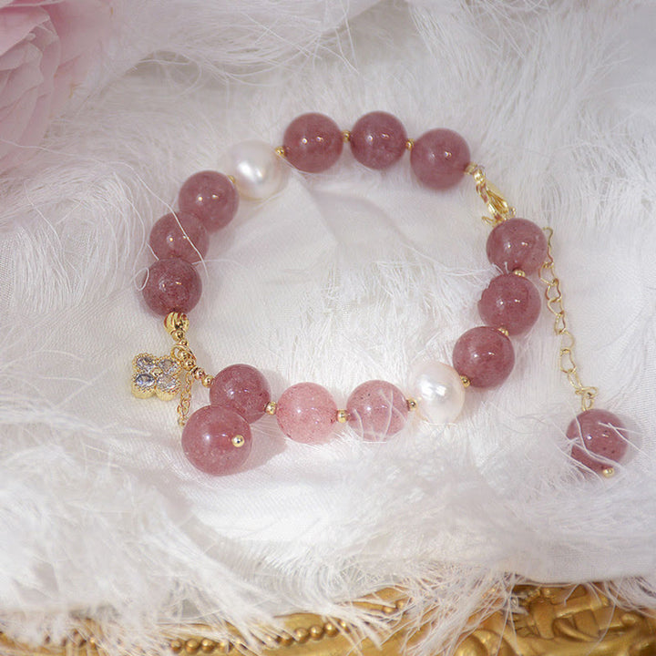 Buddha Stones Natural Strawberry Quartz Pearl Four Leaf Clover Love Bracelet