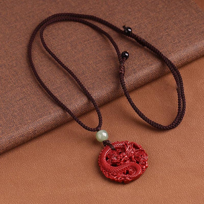 Buddha Stones Year Of The Dragon Natural Cinnabar Hetian Jade Bead Copper Coin Attract Wealth Strength Necklace Pendant