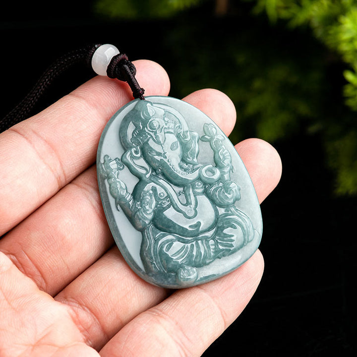 Buddha Stones Natural Jade Ganesh Ganpati Elephant Protection Amulet Necklace Pendant