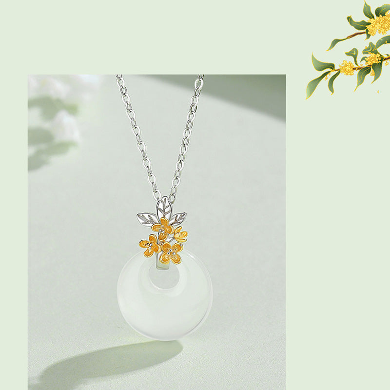 Buddha Stones 925 Sterling Silver Round Chalcedony Twelve Months Flower Harmony Necklace Pendant