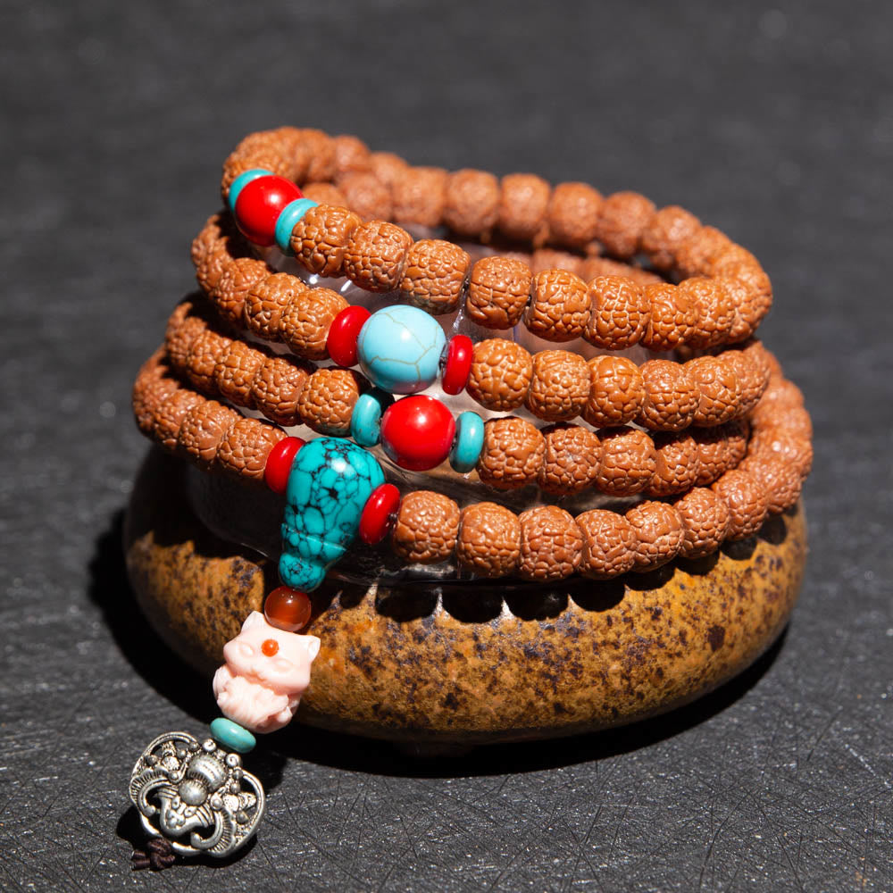 Tibet 108 Mala Beads Rudraksha Bodhi Seed Chinese Zodiac Natal Buddha Wealth Charm Bracelet