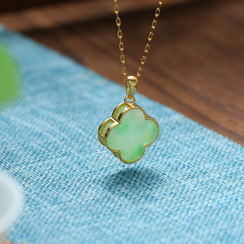 Buddha Stones Four Leaf Clover Jade Pattern Luck Necklace Pendant