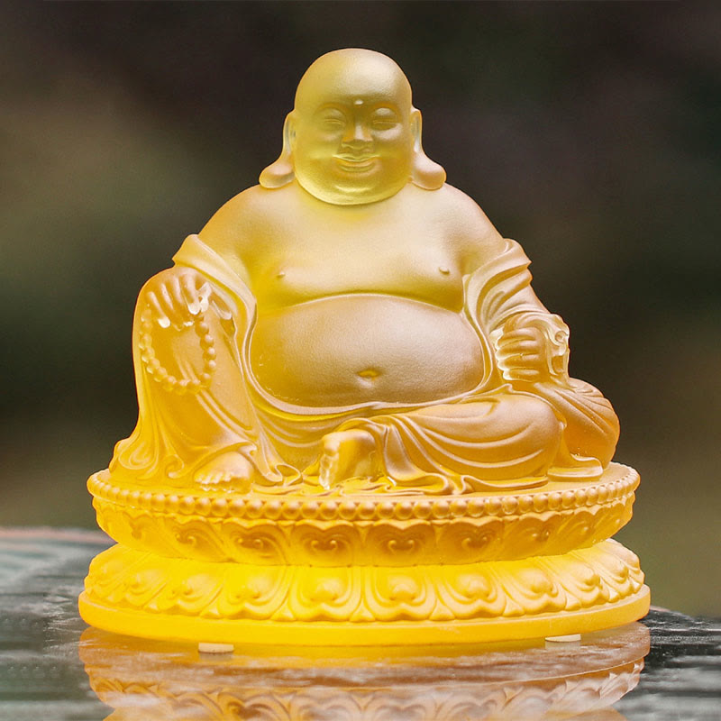 Buddha Stones Handmade Laughing Buddha Figurine Liuli Crystal Art Piece Wealth Statue Home Decoration