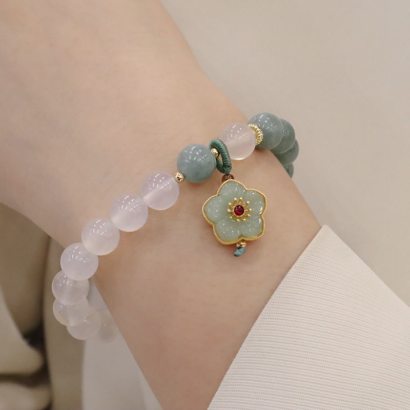 Buddha Stones White Agate Jade Lotus Flower Peace Buckle Protection Bracelet