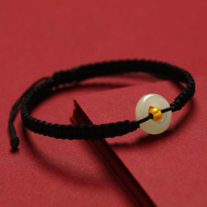 Buddha Stones 999 Gold Bead Round Peace Buckle Hetian Jade Luck Abundance Braided Bracelet Anklet