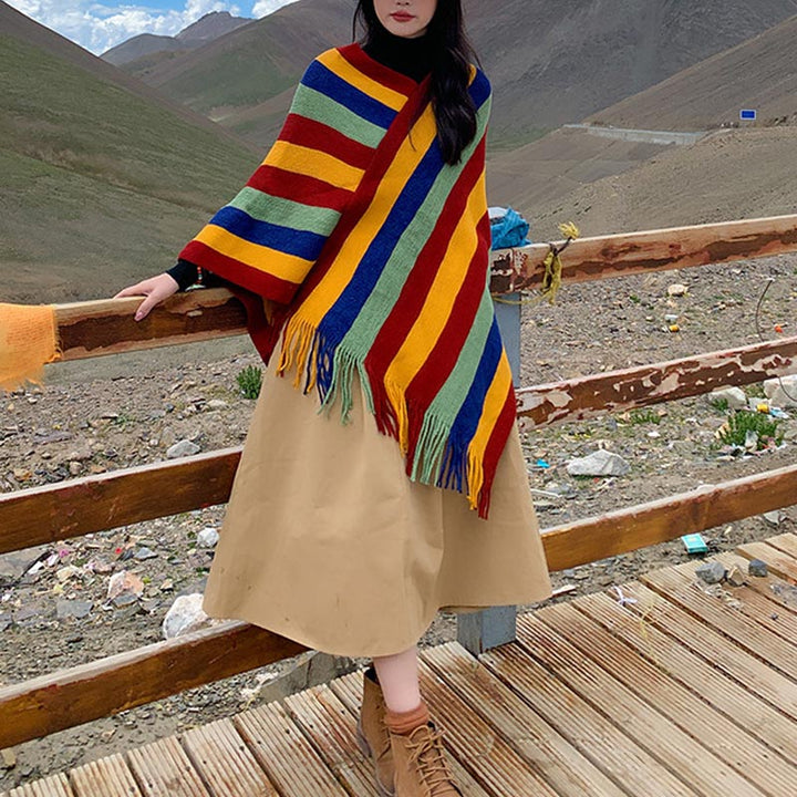 Buddha Stones Tibetan Colorful Striped Design Shawl Tassels Pullover Winter Cozy Travel Scarf Wrap