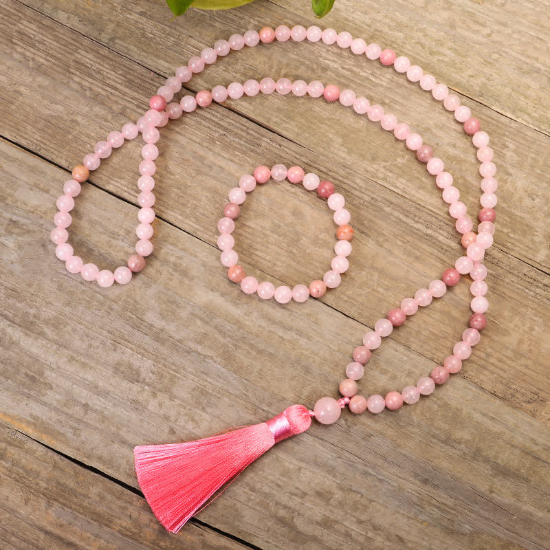 108 Mala Beads Pink Crystal Love Tassel Bracelet