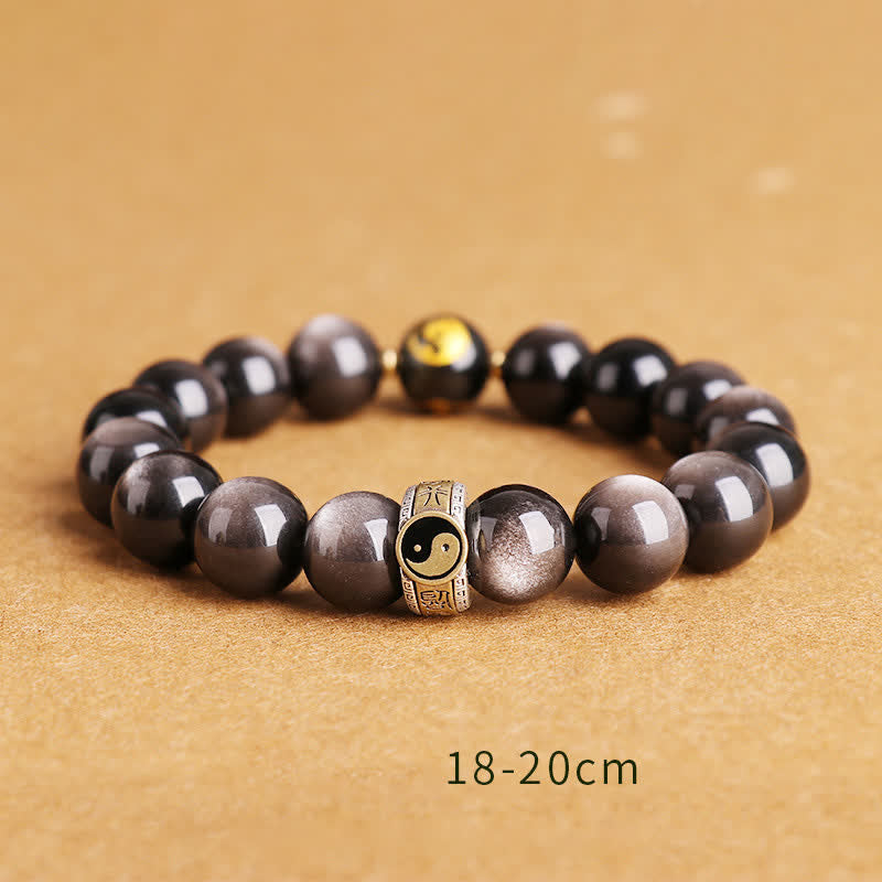 Buddha Stones 925 Sterling Silver Black Obsidian Gold Sheen Obsidian Silver Sheen Obsidian Yin Yang Protection Bracelet