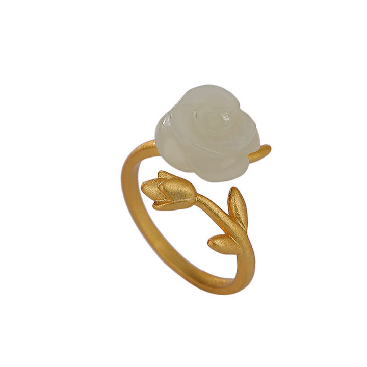 Buddha Stones 925 Sterling Silver Plated Gold Rose Flower Hetian White Jade Happiness Ring