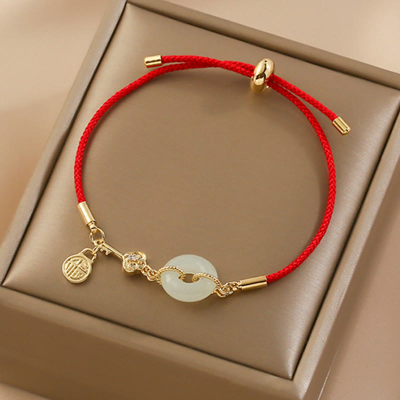 Buddha Stones 18K Gold Plated Hetian Jade Peace Buckle Fu Character Luck Red Rope Bracelet