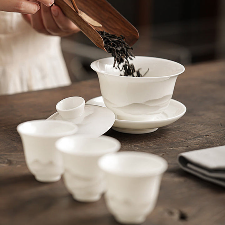 Buddha Stones Vintage Ink Painting Mountain White Porcelain Ceramic Gaiwan Sancai Teacup Kung Fu Tea Cup And Saucer With Lid Tea Utensil Teapot