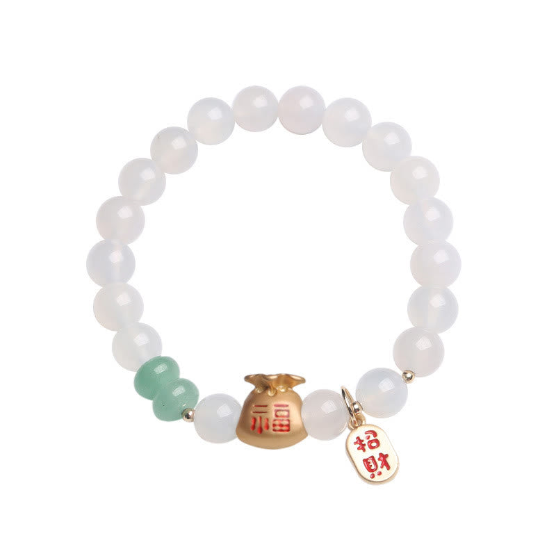 Buddha Stones Natural White Agate Red Agate Money Bag Fu Character Four Leaf Clover Protection Bracelet