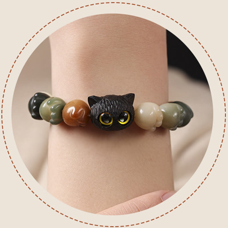 Buddha Stones Natural Bodhi Seed Lovely Paw Ebony Wood Lucky Cat Wisdom Bracelet