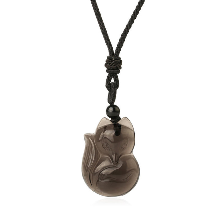 Buddha Stones Natural Black Obsidian Tiger Eye Ice Obsidian Fox Pendant Amulet Necklace