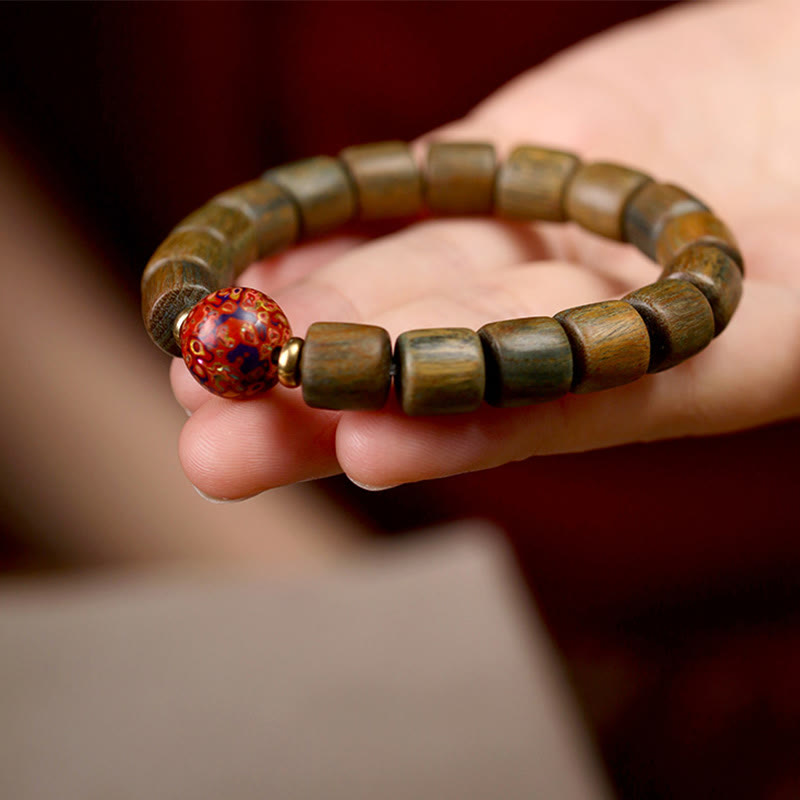 Buddha Stones Natural Green Sandalwood Small Leaf Red Sandalwood Lacquer Bead Peace Bracelet