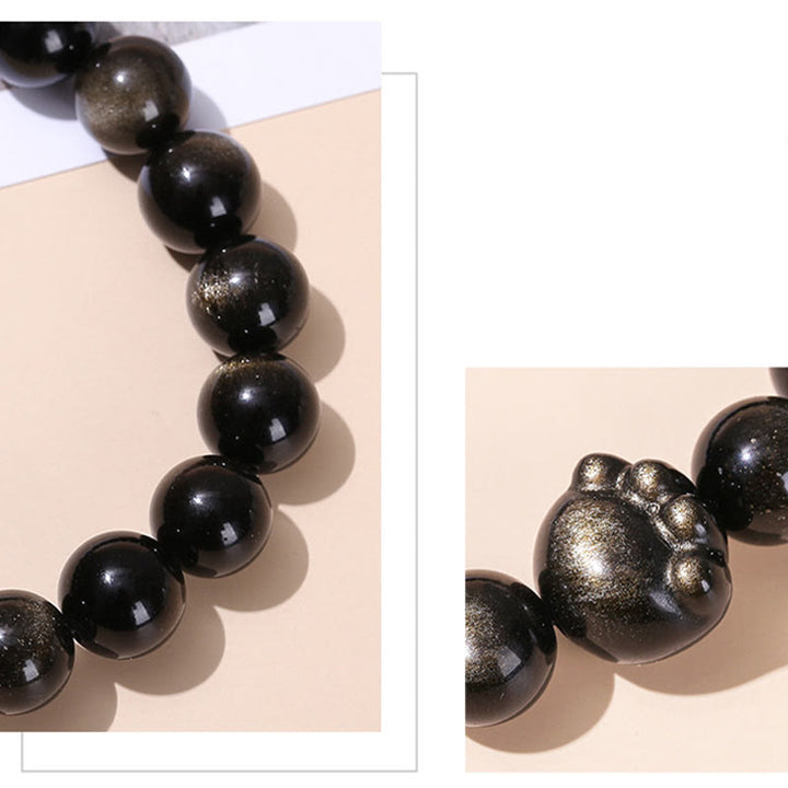 Buddha Stones Natural Gold Sheen Obsidian Silver Sheen Obsidian Cute Cat Paw Claw Wealth Bracelet