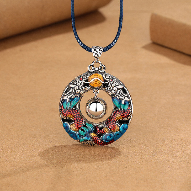 Buddha Stones Year of the Dragon Colorful Double Dragons Playing Bead Copper Protection Necklace Pendant