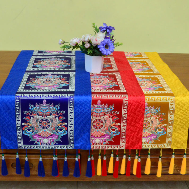 Buddha Stones Prayer Altar Mat Man-Bcu Kalachakra Endless Knot Vajra Tibetan Auspicious Symbols Tassels Table Runner