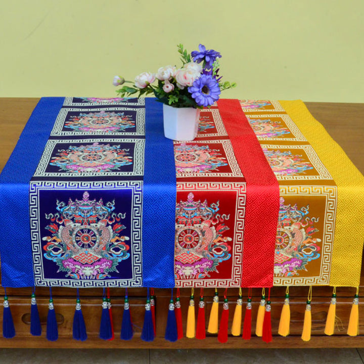 Buddha Stones Prayer Altar Mat Man-Bcu Kalachakra Endless Knot Vajra Tibetan Auspicious Symbols Tassels Table Runner