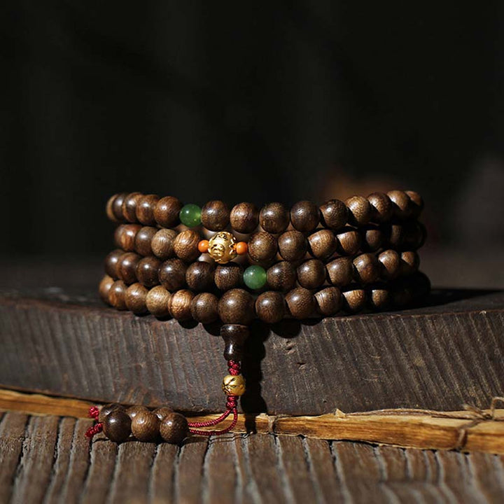 Buddha Stones 999 Gold 108 Mala Beads Kalimantan Agarwood Cyan Jade Six True Words Strength Bracelet