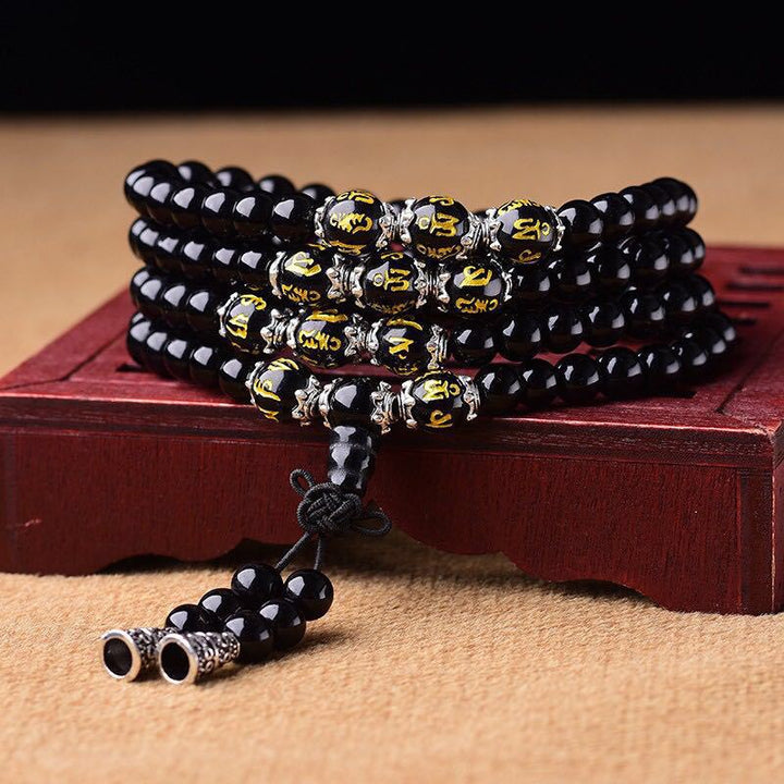 Buddha Stones Black Obsidian Six True Words Protection Mala Bracelet