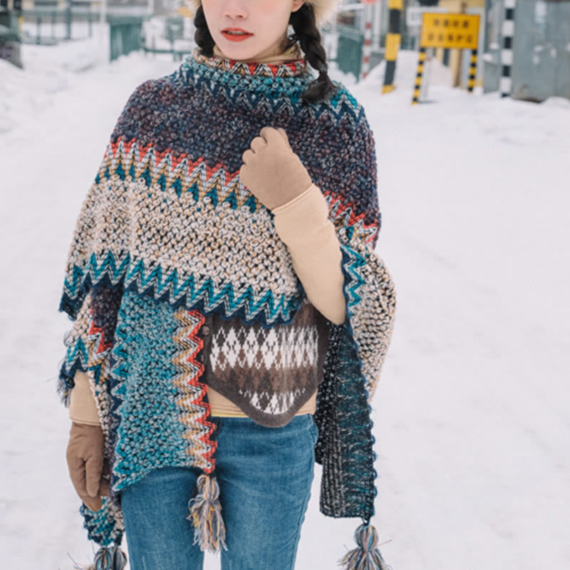 Buddha Stones Tibetan Shawl Blue Beige Red Wavy Pattern Winter Warm Tassel Scarf