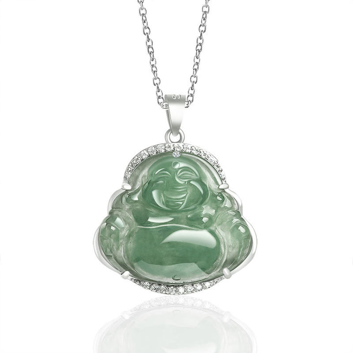 Buddha Stones 925 Sterling Silver Laughing Buddha Natural Jade Luck Prosperity Necklace Chain Pendant