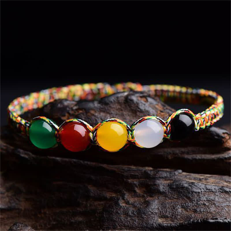 Colorful Agate Metal Wood Water Fire Earth Five Elements String Bracelet