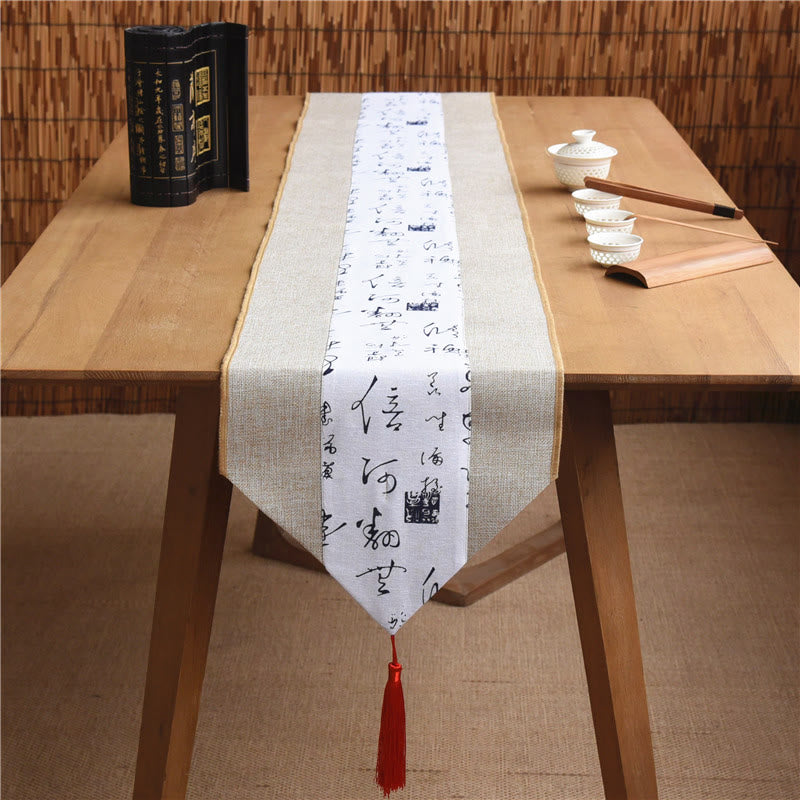 Buddha Stones Classic Chinese Style Lotus Koi Fish Flower Crane Calligraphy Enlightenment Cotton Linen Tassels Table Runner