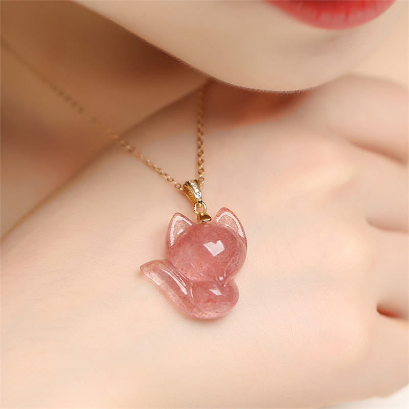 Buddha Stones 14k Gold Plated 925 Sterling Silver Strawberry Quartz Fox Healing Necklace Pendant