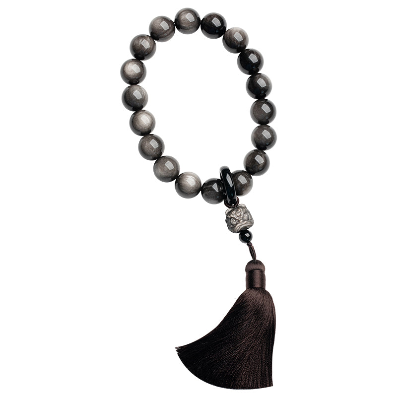 Natural Silver Sheen Obsidian Black Obsidian Lion Wrist Mala Protection Tassels Pocket Mala Car Decoration