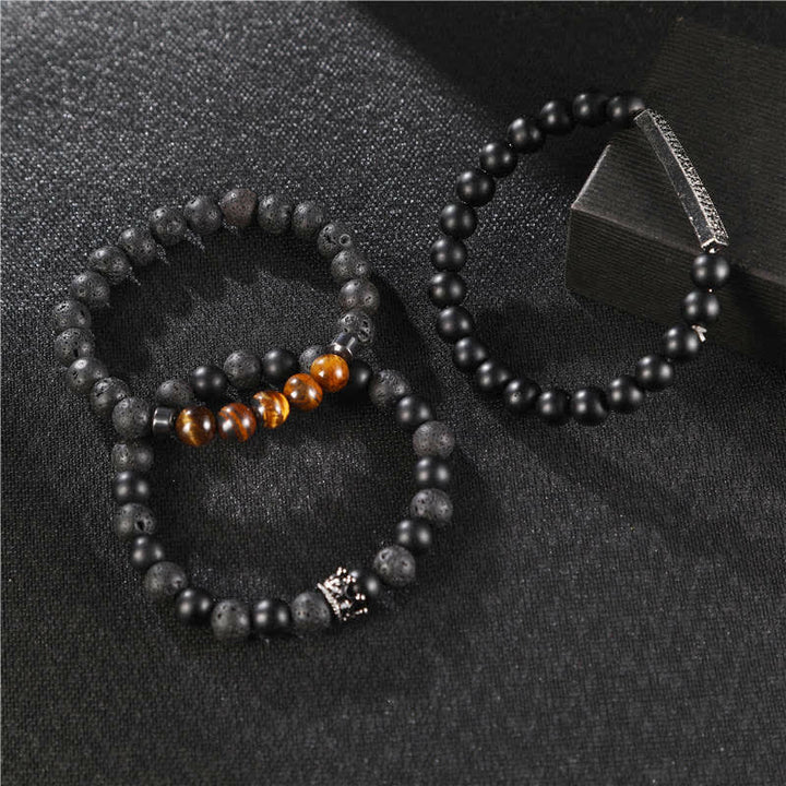 Buddha Stones 3Pcs Frosted Stone Lava Rock Tiger Eye Activate Bracelet