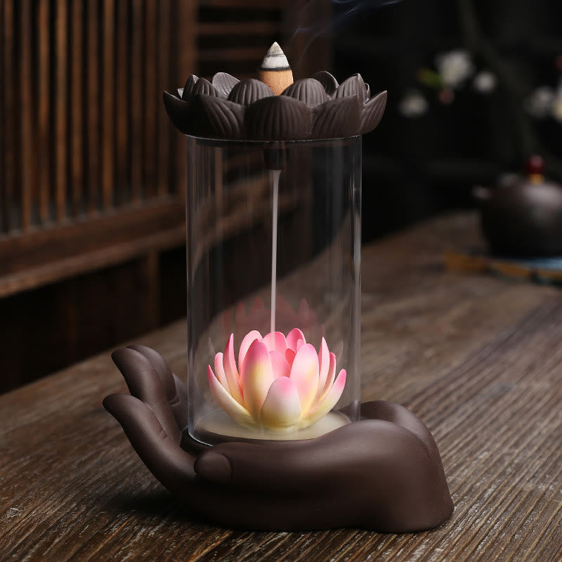 Buddha Stones Buddha Hand Lotus Enlightenment LED Light Purple Clay Ceramic Incense Burner Decoration