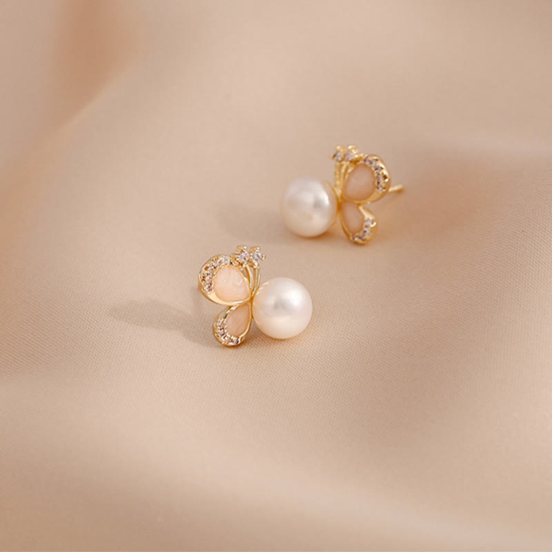 Buddha Stones 18K Gold Pearl Butterfly Love Freedom Stud Earrings