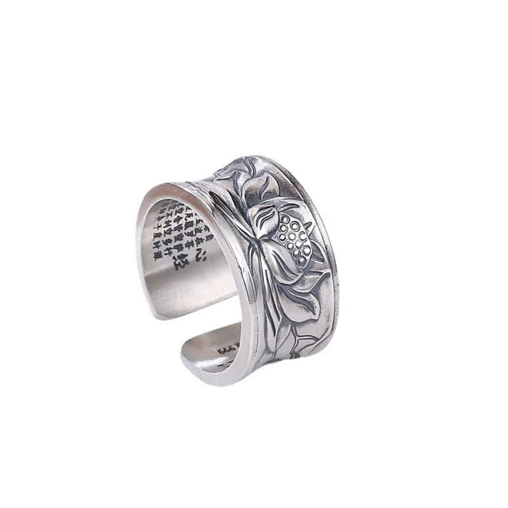 Buddha Stones 999 Sterling Silver Lotus Flower Heart Sutra Protection Ring