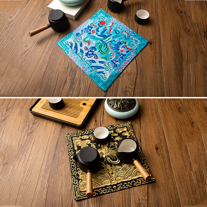 Buddha Stones Phoenix Dragon Kirin Embroidery Cup Mat Pad Tea Cup Coaster Kung Fu Tea Mat