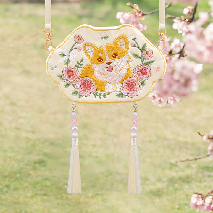 Buddha Stones Embroidery Lucky Panda Cat Shiba Inu Deer Rabbit Fox Flower Cute Animal Hanfu Bag Crossbody Bag Shoulder Bag