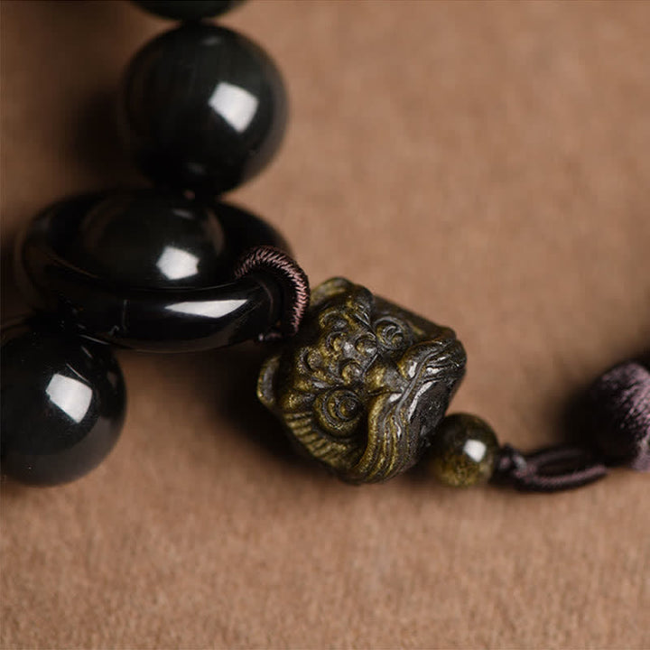 Buddha Stones Natural Black Obsidian Lion Wrist Mala Protection Tassels Pocket Mala Car Decoration