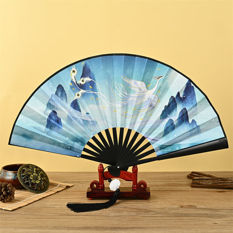 Buddha Stones Vintage Phoenix Nine-Tailed Fox Flower Bamboo Tiger Handheld Folding Fan Lotus Tassel Fan