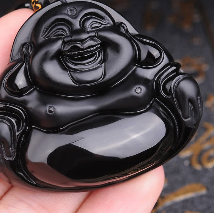 Buddha Stones Laughing Buddha Black Obsidian Transformation Pendant Necklace