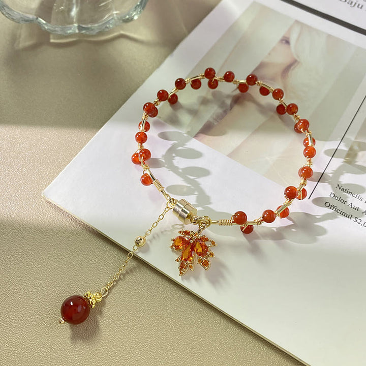 Buddha Stones Red Maple Leaf Luck Charm Bracelet