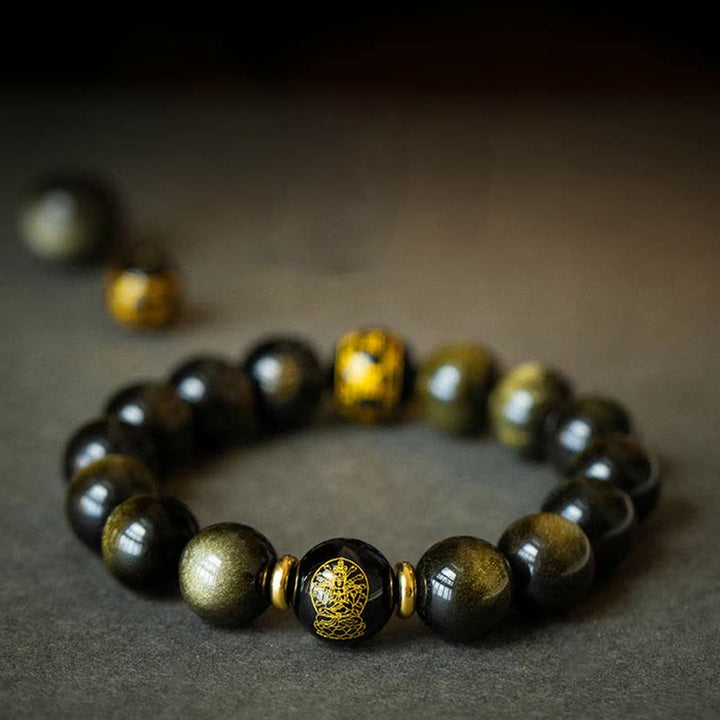 Chinese Zodiac Natal Buddha Gold Sheen Obsidian Wealth Protection Bracelet