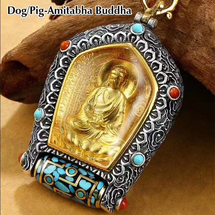 Tibet Chinese Zodiac Natal Buddha Thangka Prosperity Rotatable Dzi Bead Necklace Pendant