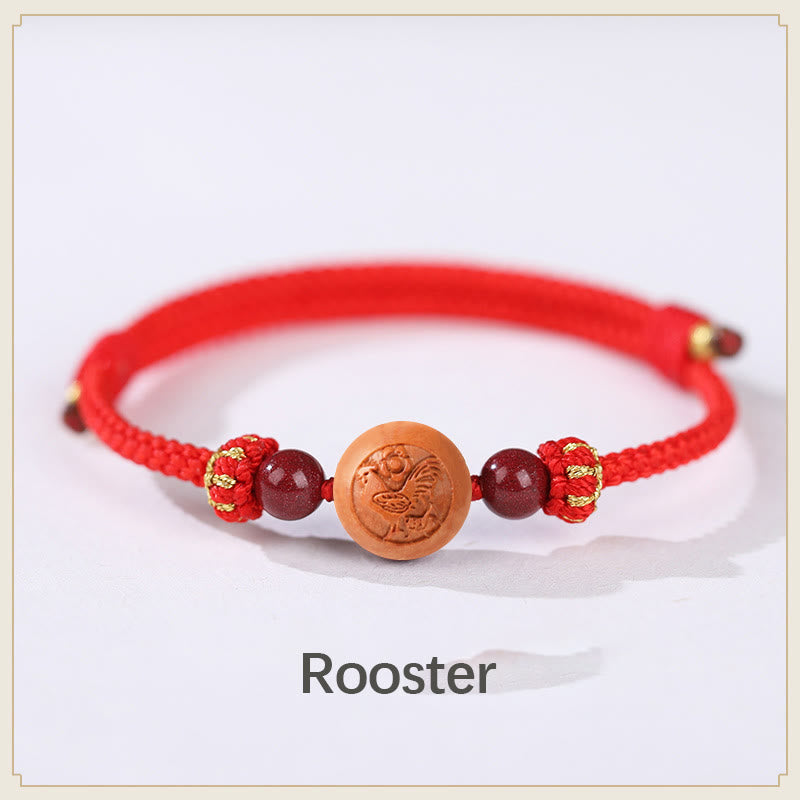 Buddha Stones Natural Peach Wood Chinese Zodiac Fu Character Carved Cinnabar Wealth Bracelet